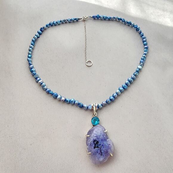 Sterling 925 Blue Pearl Necklace Choker coquette fairy Blue Solar Quartz In Box - Picture 3 of 9